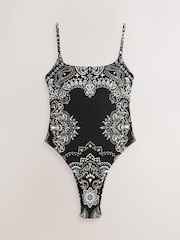 Black Paisley Bandana Print Tummy Control High Leg Scoop Swimsuit - Image 7 of 10