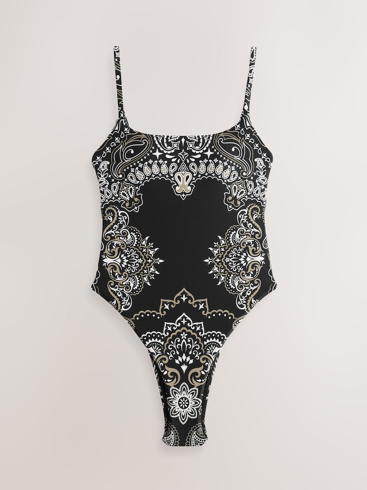 Black Paisley Bandana Print Tummy Control High Leg Scoop Swimsuit - Image 7 of 10