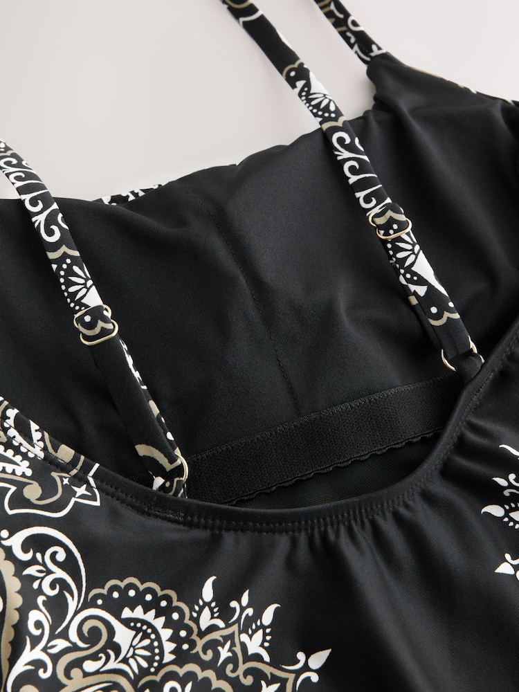 Black Paisley Bandana Print Tummy Control High Leg Scoop Swimsuit - Image 9 of 10