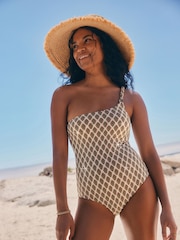 Xilogravura em folha verde cáqui/creme - Swimsuitcom controle de barriga de um ombro só - Imagem 2 de 8