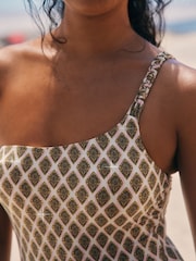 Xilogravura em folha verde cáqui/creme - Swimsuitcom controle de barriga de um ombro só - Imagem 5 de 8