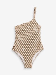 Xilogravura em folha verde cáqui/creme - Swimsuitcom controle de barriga de um ombro só - Imagem 6 de 8