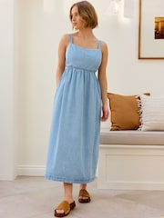 Mid Blue 100% Cotton Strappy Denim Midi Dress - Image 1 of 7