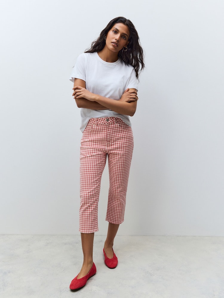 Red/White Gingham Authentic Denim Cropped Capri Jeans - Image 1 of 9