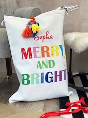 100% Cotton Merry and Bright Christmas Sack with Super Chunky Pom Pom by Solesmith - Image 1 of 6
