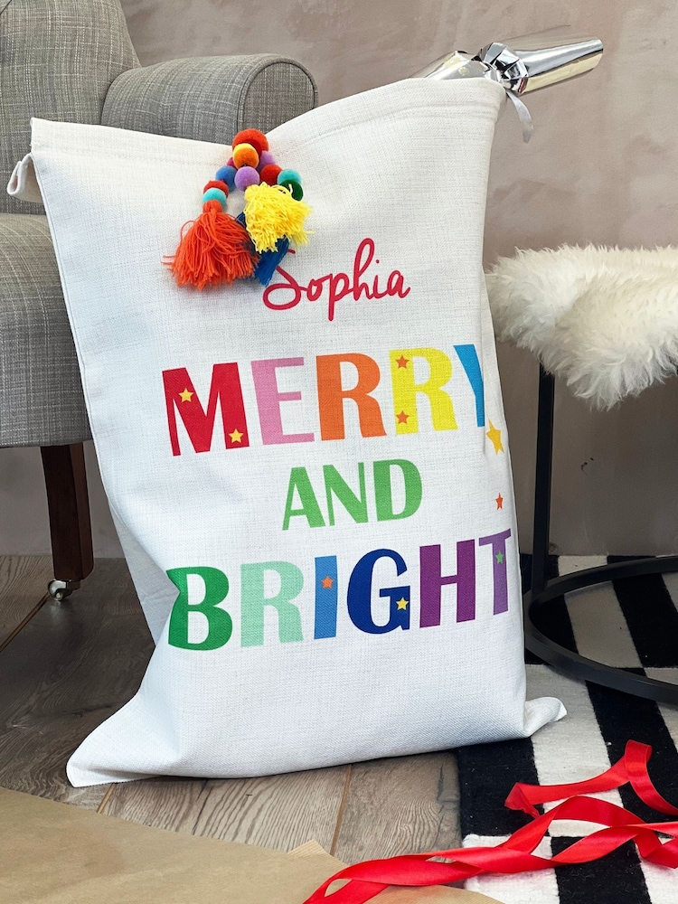 100% Cotton Merry and Bright Christmas Sack with Super Chunky Pom Pom by Solesmith - Image 1 of 6