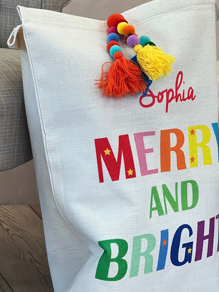 100% Cotton Merry and Bright Christmas Sack with Super Chunky Pom Pom by Solesmith - Image 2 of 6