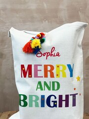 100% Cotton Merry and Bright Christmas Sack with Super Chunky Pom Pom by Solesmith - Image 3 of 6