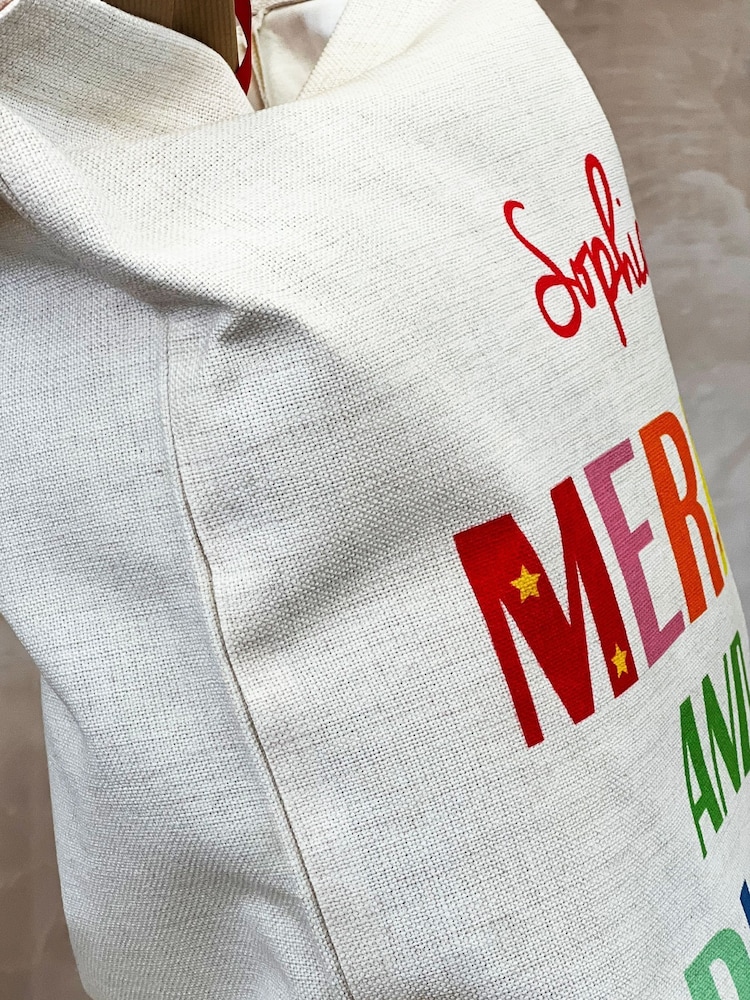 100% Cotton Merry and Bright Christmas Sack with Super Chunky Pom Pom by Solesmith - Image 6 of 6