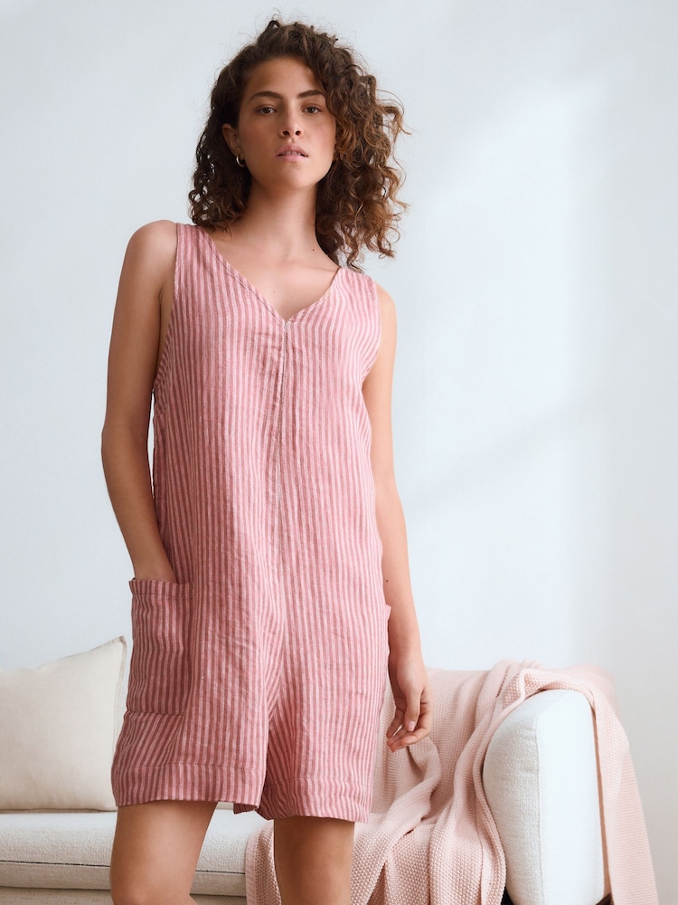 Pink Stripe 100% Linen Playsuit - Image 2 of 5