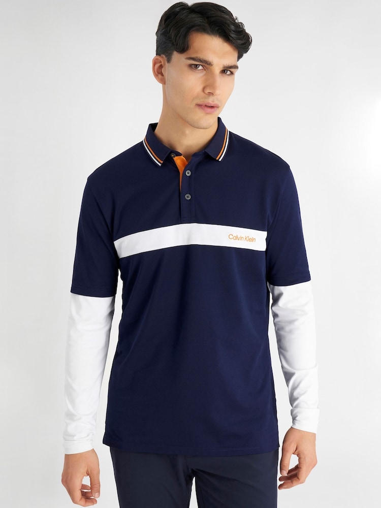 Calvin Klein Golf Blue Hubbard Long Sleeve Hybrid Polo Shirt - Image 1 of 8