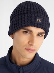 Calvin Klein Golf Blue Chunky Knit Beanie With Badge - Image 1 of 6