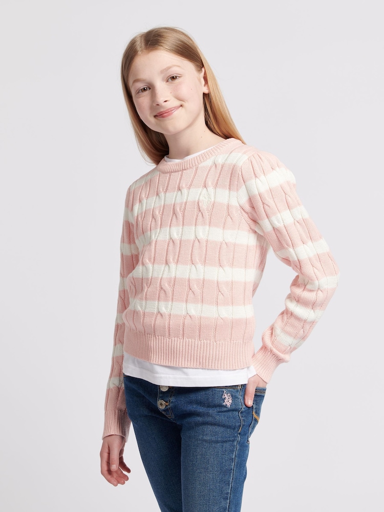U.S. Polo Assn Pink Girls Stripe Cable Knit Jumper - Image 1 of 7