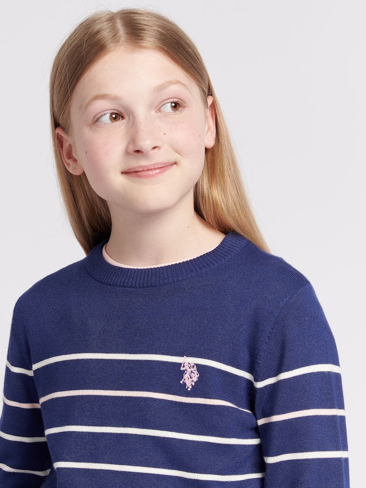 U.S. Polo Assn Blue U.S. Polo Assn. Girls Blue Stripe Crew Jumper - Image 2 of 7