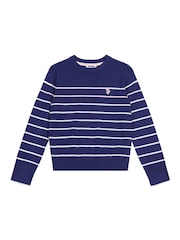 U.S. Polo Assn Blue U.S. Polo Assn. Girls Blue Stripe Crew Jumper - Image 5 of 7