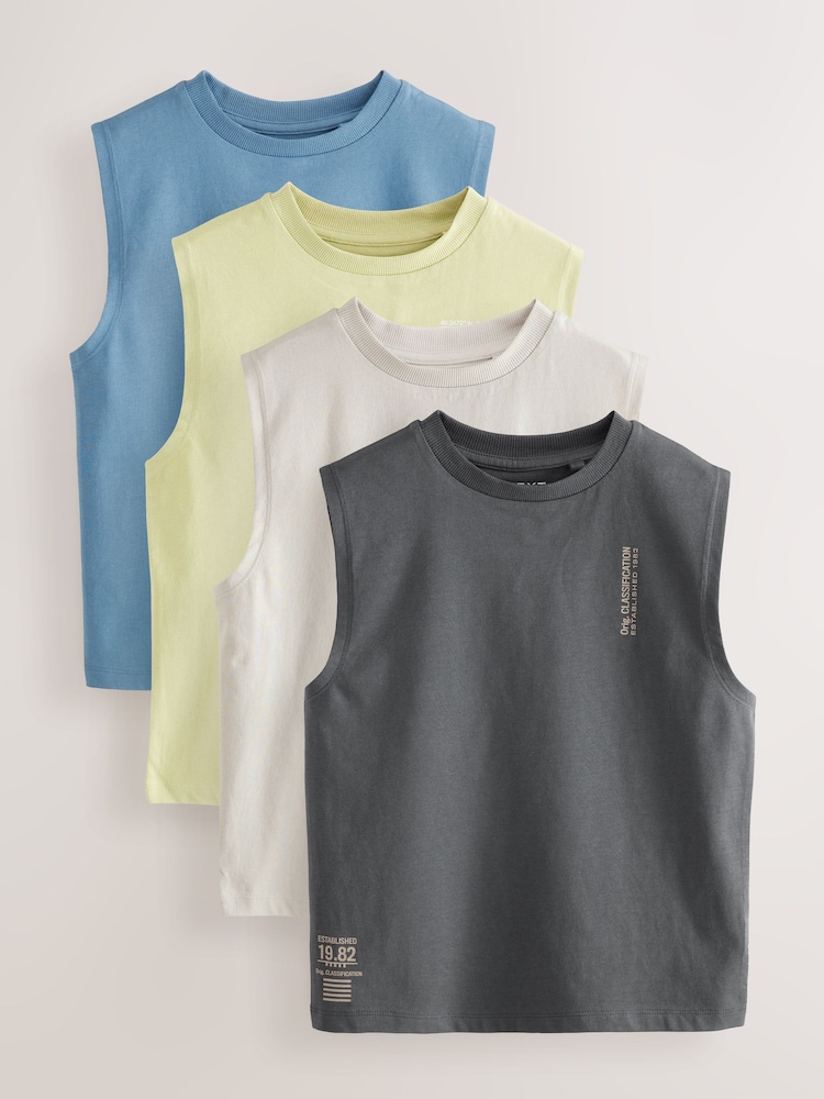 Grey/Blue/Green/Charcoal 100% Cotton Tank Vests 4 Pack (3-16yrs) - Image 1 of 8