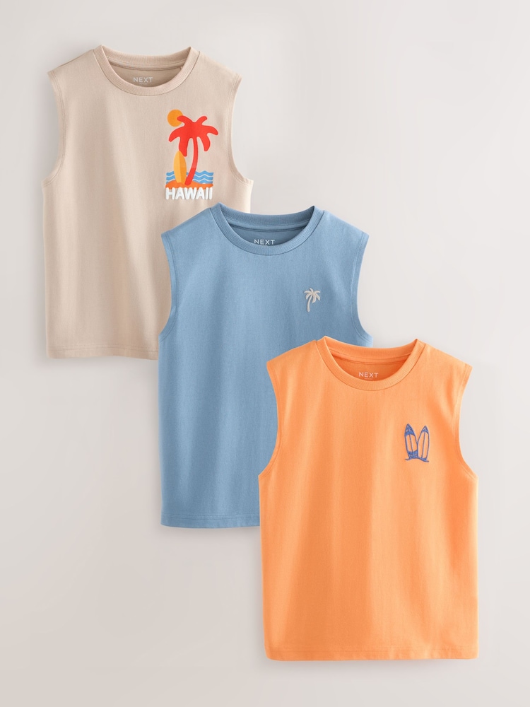 Blue/Orange/Stone Palm Tank Vests 3 Pack (3-16yrs) - Image 1 of 1