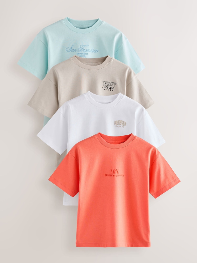 White/Blue/Coral/Cement Relaxed Fit 100% Cotton Short Sleeve Embroidered T-Shirts 4 Pack (3-16yrs) - Image 1 of 8