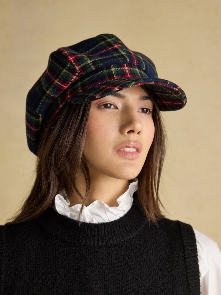 Joules Elvaston Navy/Khaki Check Tweed Baker Boy Hat - Image 1 of 6 Joules Elvaston Navy/Khaki Check Tweed Baker Boy Hat - Image 1 of 6