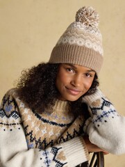 Joules Kara Neutral Fairisle Bobble Beanie Hat - Image 1 of 7
