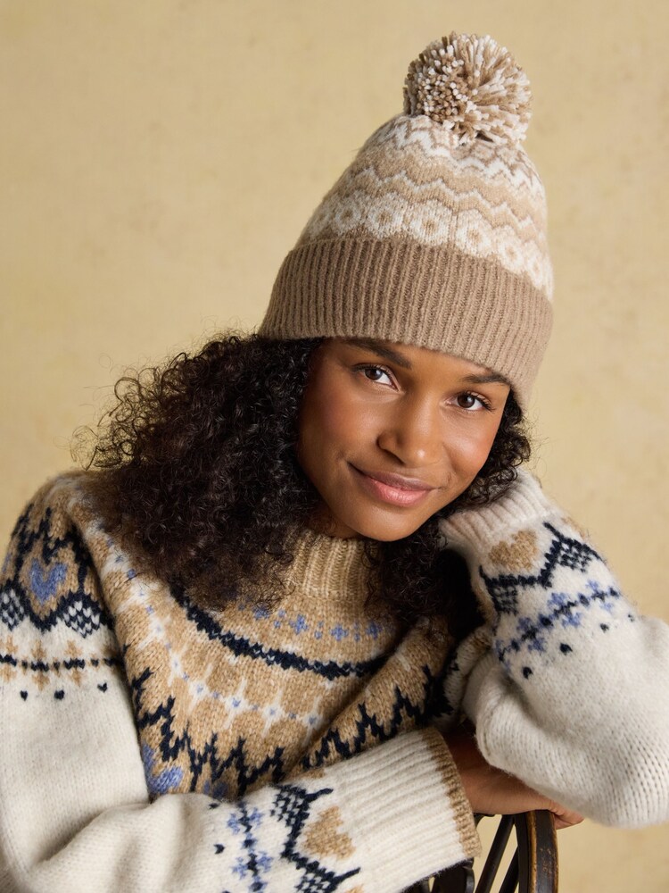Joules Kara Neutral Fairisle Bobble Beanie Hat - Image 1 of 7