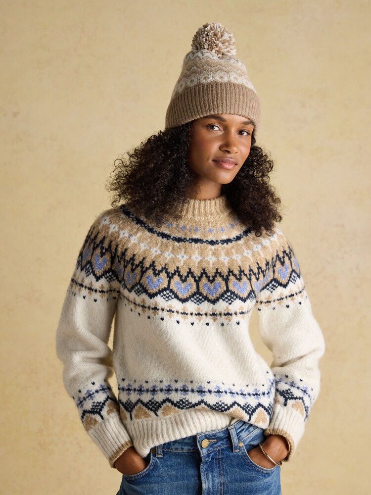 Joules Kara Neutral Fairisle Bobble Beanie Hat - Image 2 of 7