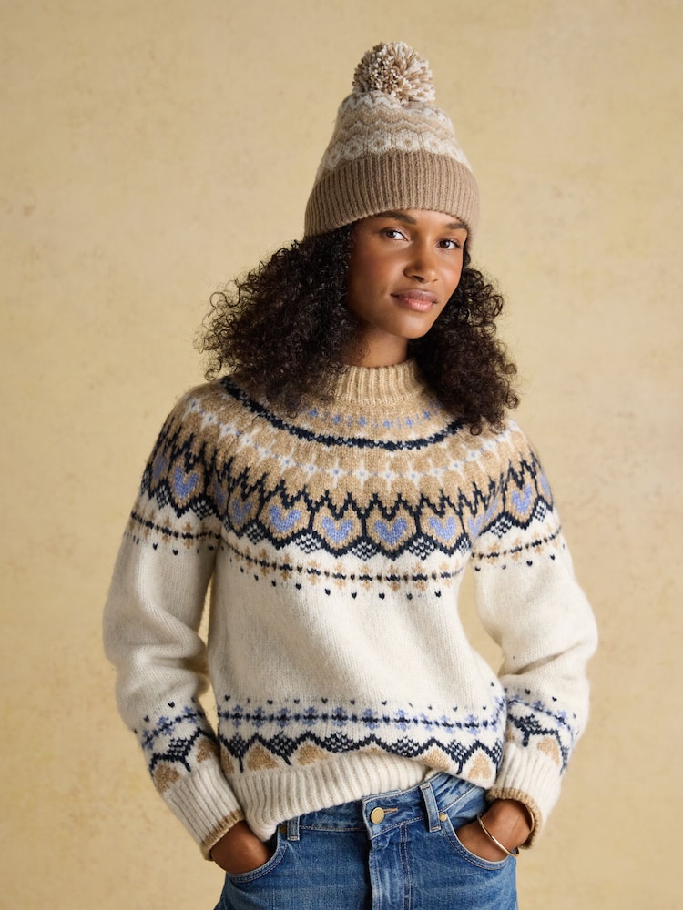 Joules Kara Neutral Fairisle Bobble Beanie Hat - Image 2 of 7 Joules Kara Neutral Fairisle Bobble Beanie Hat - Image 2 of 7
