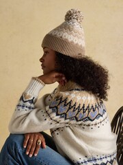 Joules Kara Neutral Fairisle Bobble Beanie Hat - Image 3 of 7
