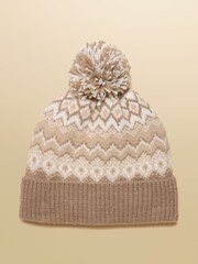 Joules Kara Neutral Fairisle Bobble Beanie Hat - Image 4 of 7