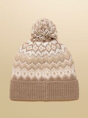 Joules Kara Neutral Fairisle Bobble Beanie Hat - Image 5 of 7