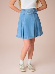 Mid Blue Denim 100% Cotton Denim Belted Kilt Skirt - Image 1 of 4