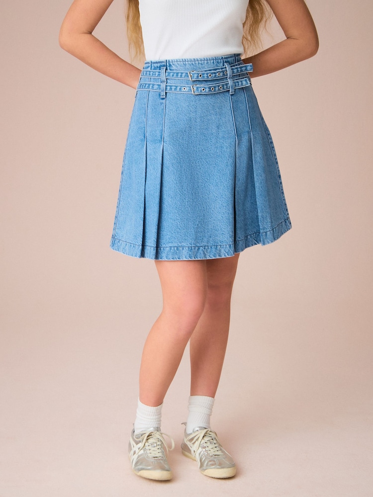 Mid Blue Denim 100% Cotton Denim Belted Kilt Skirt - Image 1 of 4