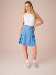 Mid Blue Denim 100% Cotton Denim Belted Kilt Skirt - Image 2 of 4
