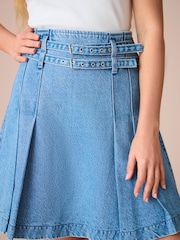 Mid Blue Denim 100% Cotton Denim Belted Kilt Skirt - Image 4 of 4