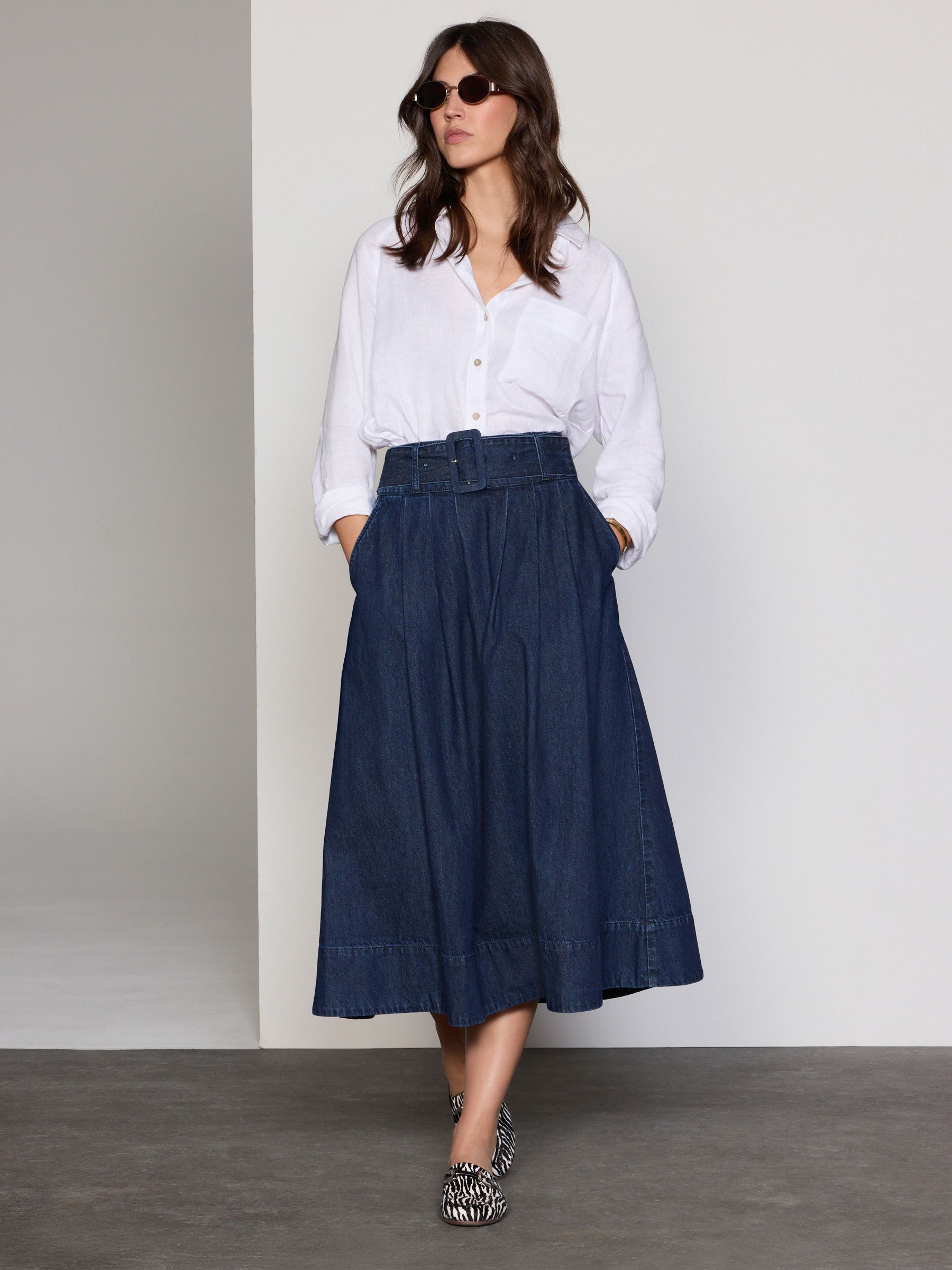 Dark Blue 100% Cotton Belted Midi Denim Pleated Skirt