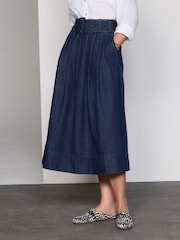Dark Blue 100% Cotton Belted Midi Denim Pleated Skirt - Image 2 of 4