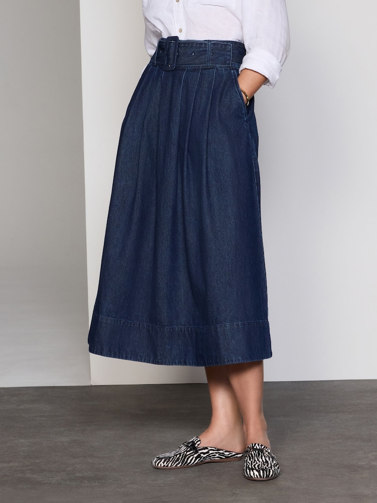 Dark Blue 100% Cotton Belted Midi Denim Pleated Skirt - Image 2 of 4