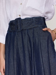 Dark Blue 100% Cotton Belted Midi Denim Pleated Skirt - Image 4 of 4
