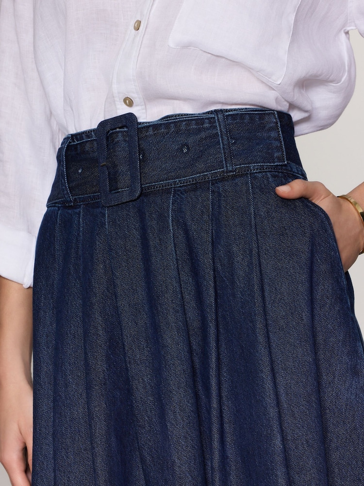 Dark Blue 100% Cotton Belted Midi Denim Pleated Skirt - Image 4 of 4
