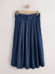 Dark Blue 100% Cotton Belted Midi Denim Pleated Skirt - Image 5 of 7
