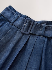 Dark Blue 100% Cotton Belted Midi Denim Pleated Skirt - Image 6 of 7