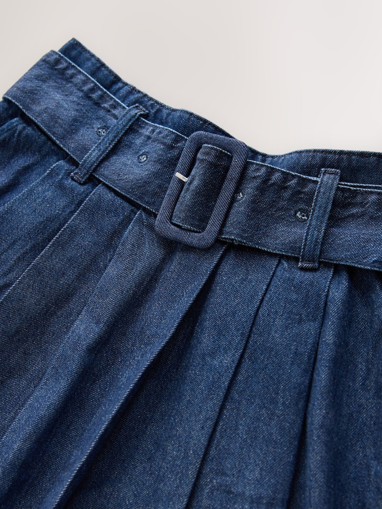 Buy Dark Blue 100% Cotton Belted Midi Denim Pleated Skirt from