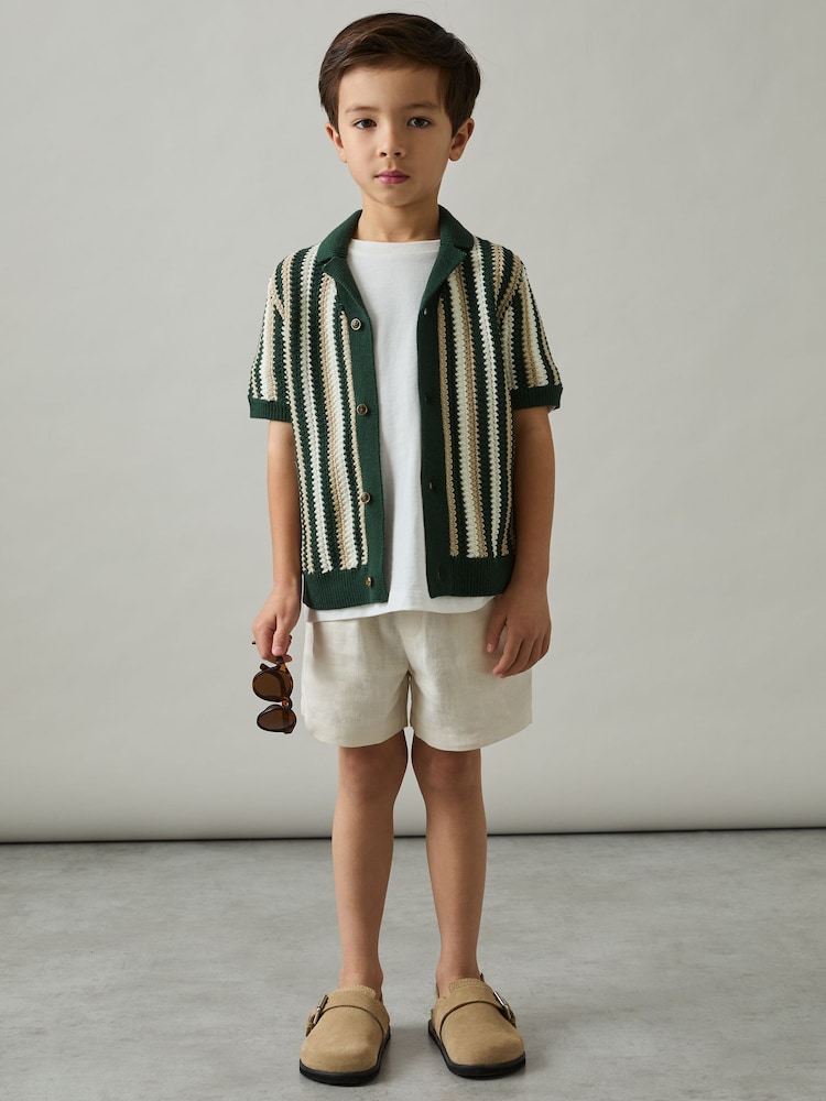 Reiss Green Carrington 3-9 yrs Cotton Crochet Stripe Cuban Shirt - Image 1 of 4