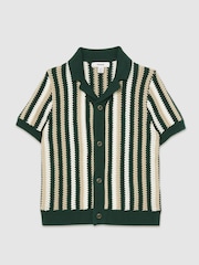 Reiss Green Carrington 3-9 yrs Cotton Crochet Stripe Cuban Shirt - Image 2 of 4