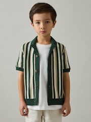 Reiss Green Carrington 3-9 yrs Cotton Crochet Stripe Cuban Shirt - Image 3 of 4