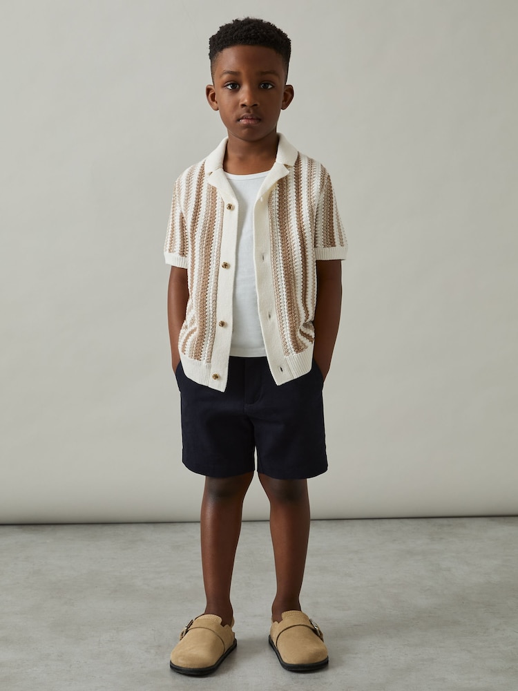 Reiss Natural Carrington 3-9 yrs Cotton Crochet Stripe Cuban Shirt - Image 1 of 4