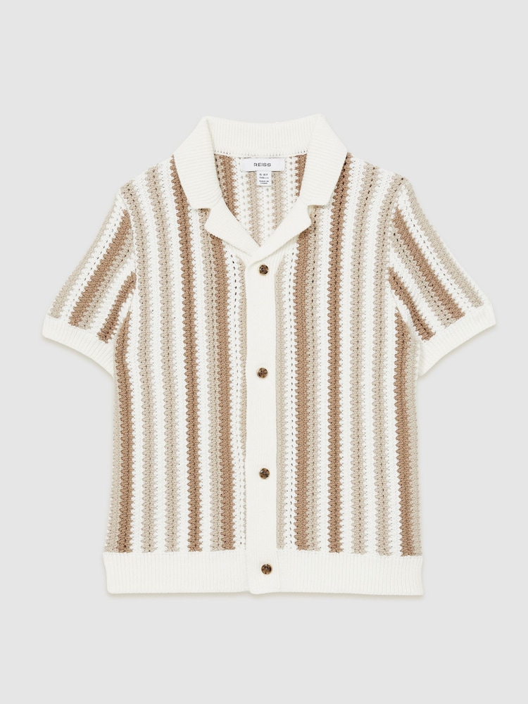 Reiss Natural Carrington 3-9 yrs Cotton Crochet Stripe Cuban Shirt - Image 2 of 4