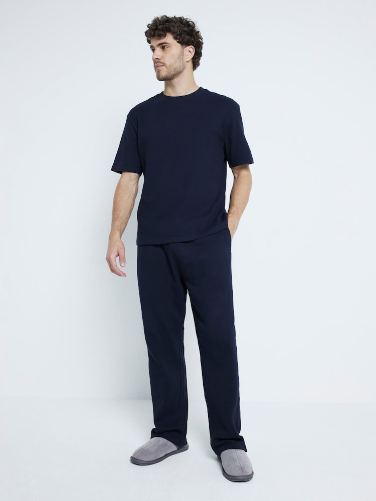 River Island Navy 100% Cotton Waffle T-Shirt And Trousers Pyjamas Set - Image 1 of 4
