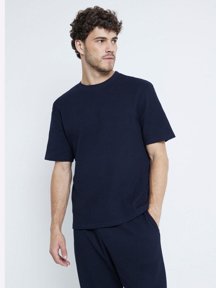 River Island Navy 100% Cotton Waffle T-Shirt And Trousers Pyjamas Set - Image 2 of 4