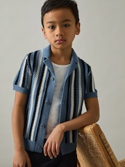 Reiss Airforce Blue Carrington 9-13 yrs Cotton Crochet Stripe Cuban Shirt - Image 1 of 4